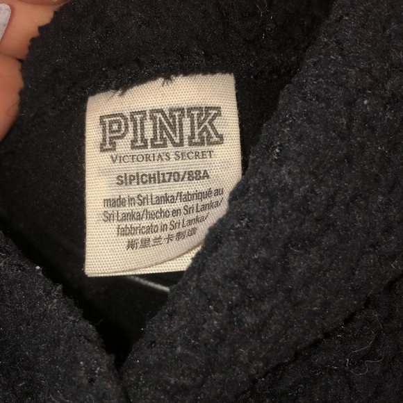 PINK Victoria's Secret sweatshirt partial sherpa small Black fuzzy sweatshirt​​ - Picture 3 of 4
